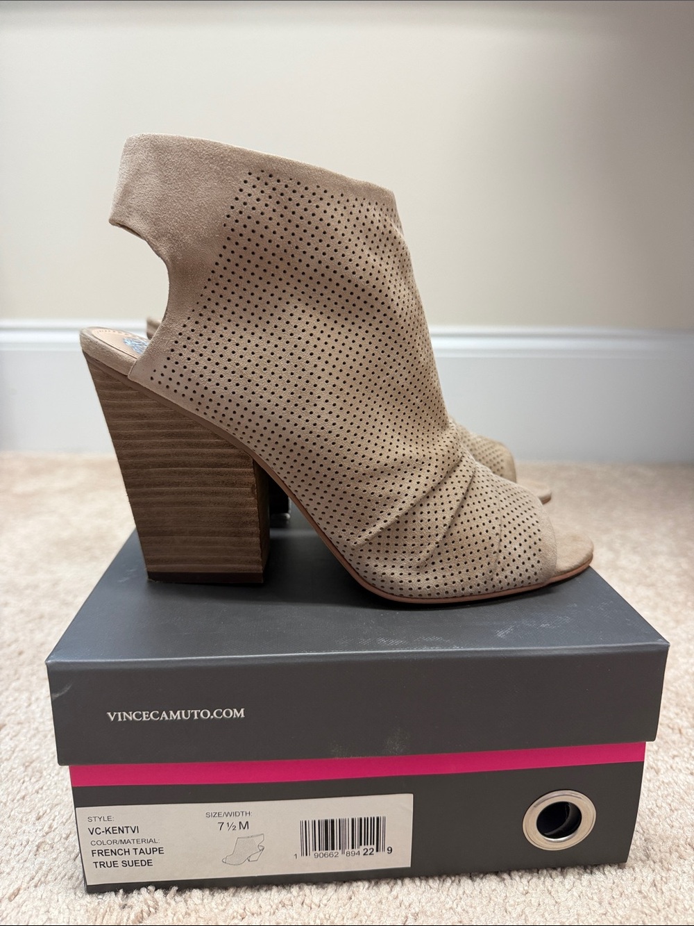 Vince Camuto Perforated Suede Open-Toe Block Heel Booties in French Taupe